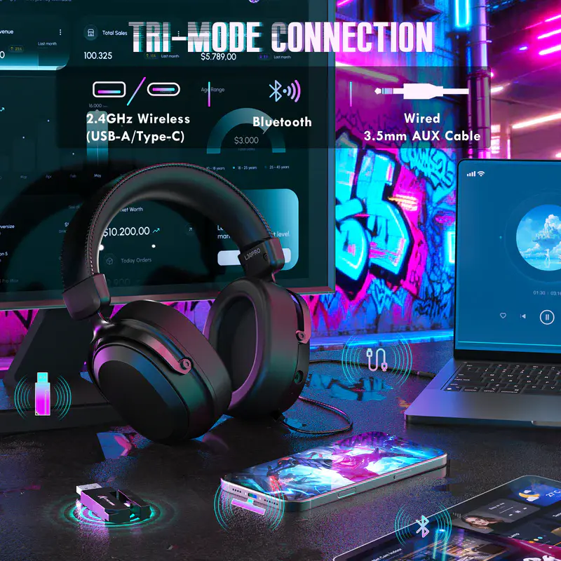 ATTACK SHARK L30 PRO – CASQUE GAMING SANS FIL – TRI-MODE – SON SURROUND 7.1- BLUETOOTH – 2.4 GHz – FILAIRE – LATENCE 20 MS – BLACK