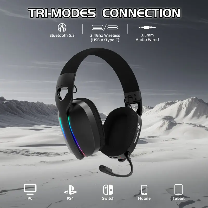 ATTACK SHARK L90 – CASQUE GAMING SANS FIL RGB PLIABLE – TRI-MODE – BLUETOOTH 5.3 & 2.4 GHZ & FILAIRE – SON VIRTUEL 7.1 – PC/PS4/PS5/SWITCH/XBOX – BLACK
