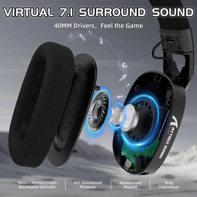 ATTACK SHARK L90 – CASQUE GAMING SANS FIL RGB PLIABLE – TRI-MODE – BLUETOOTH 5.3 & 2.4 GHZ & FILAIRE – SON VIRTUEL 7.1 – PC/PS4/PS5/SWITCH/XBOX – BLACK