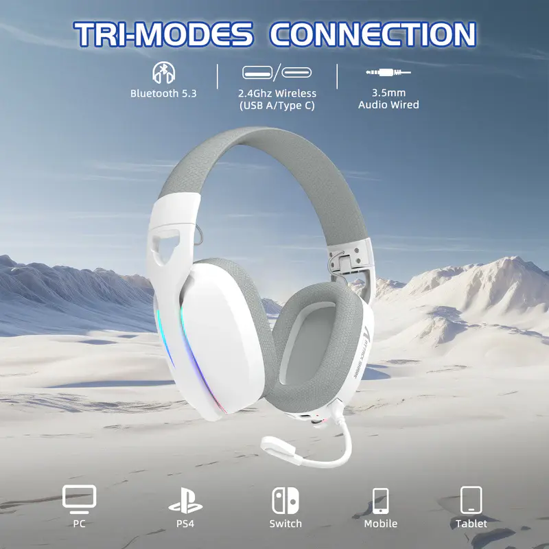 ATTACK SHARK L90 – CASQUE GAMING SANS FIL RGB PLIABLE – TRI-MODE – BLUETOOTH 5.3 & 2.4 GHZ & FILAIRE – SON VIRTUEL 7.1 – PC/PS4/PS5/SWITCH/XBOX – WHITE
