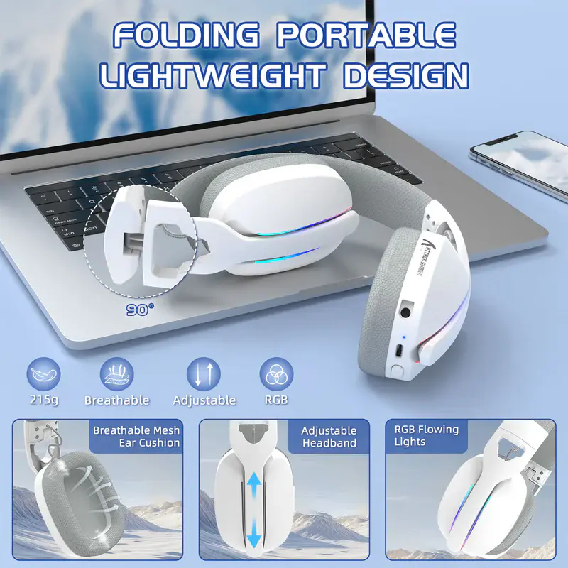 ATTACK SHARK L90 – CASQUE GAMING SANS FIL RGB PLIABLE – TRI-MODE – BLUETOOTH 5.3 & 2.4 GHZ & FILAIRE – SON VIRTUEL 7.1 – PC/PS4/PS5/SWITCH/XBOX – WHITE