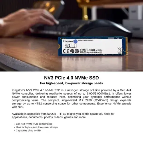 KINGSTON NV3 PCIE 4.0 NVME SSD M.2 – 1TB – PCIE 4.0 – GEN 4 – JUSQU’À 6000 MB/S – PC & LAPTOP – BLACK