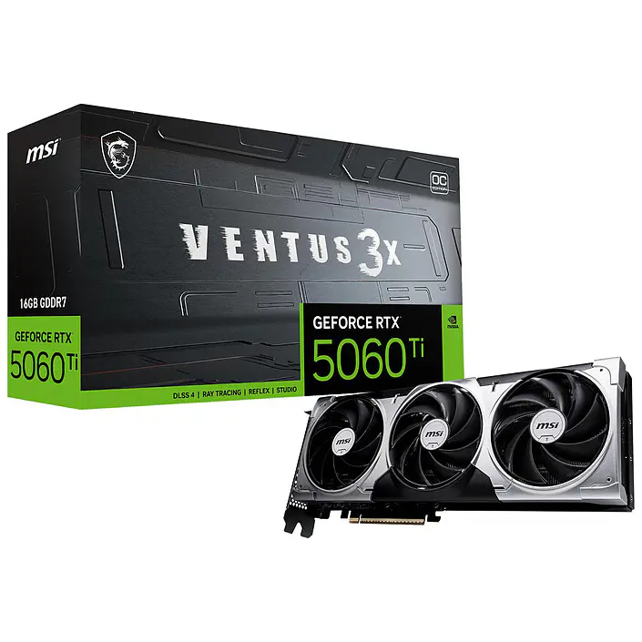 CARTE GRAPHIQUE MSI GEFORCE RTX 5060 Ti VENTUS 3X OC – 16GO GDDR7 – PCIE 5.0 X16 – DLSS 4 – 3X DISPLAYPORT 2.1B – 1X HDMI 2.1B – ORIGINAL