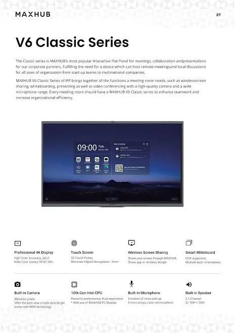 MAXHUB V6 CLASSIC C8630 – ÉCRAN INTERACTIF PRO 86″ 4K UHD – TACTILE – CAMÉRA IA 48 MP – MIC INTÉGRÉS – Speaker – SUPPORT – POINTURE – ANDROID