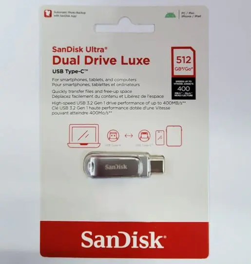 SANDISK ULTRA DUAL DRIVE LUXE USB-C 512GB – FLASH DISQUE USB 3.0 – DUAL USB-C / USB-A – JUSQU’À 400 MO/S – MÉTALLIQUE – PIVOTANTE – ORIGINAL
