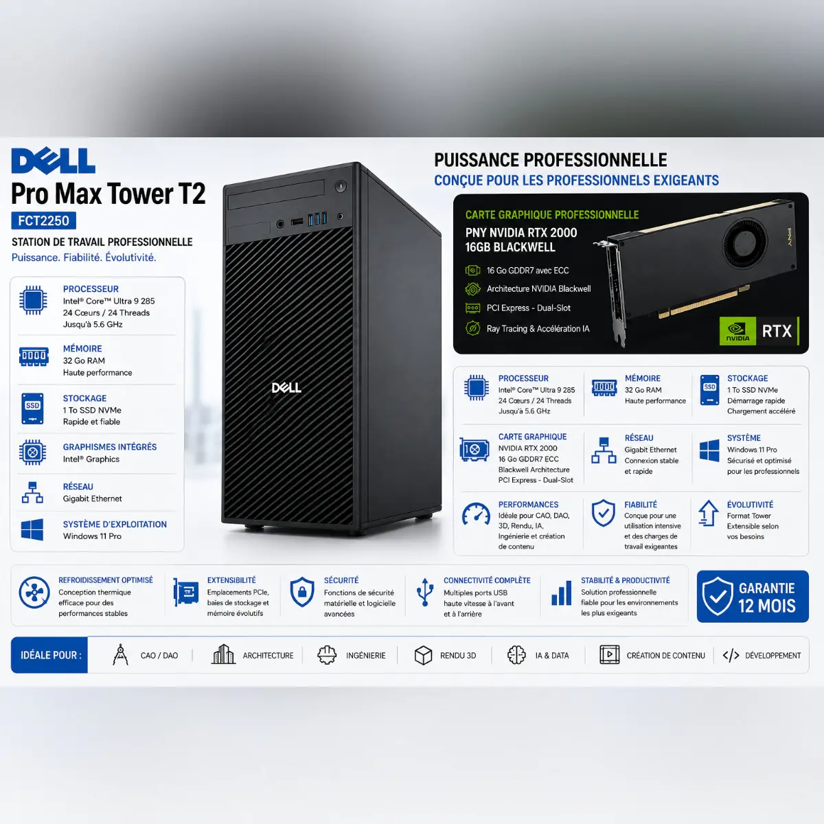 DELL PRO MAX TOWER T2 – INTEL CORE ULTRA 9 285 – 32GO RAM – 1TO SSD NVMe – NVIDIA RTX 2000 16GO BLACKWELL – WIN 11 PRO – BLACK