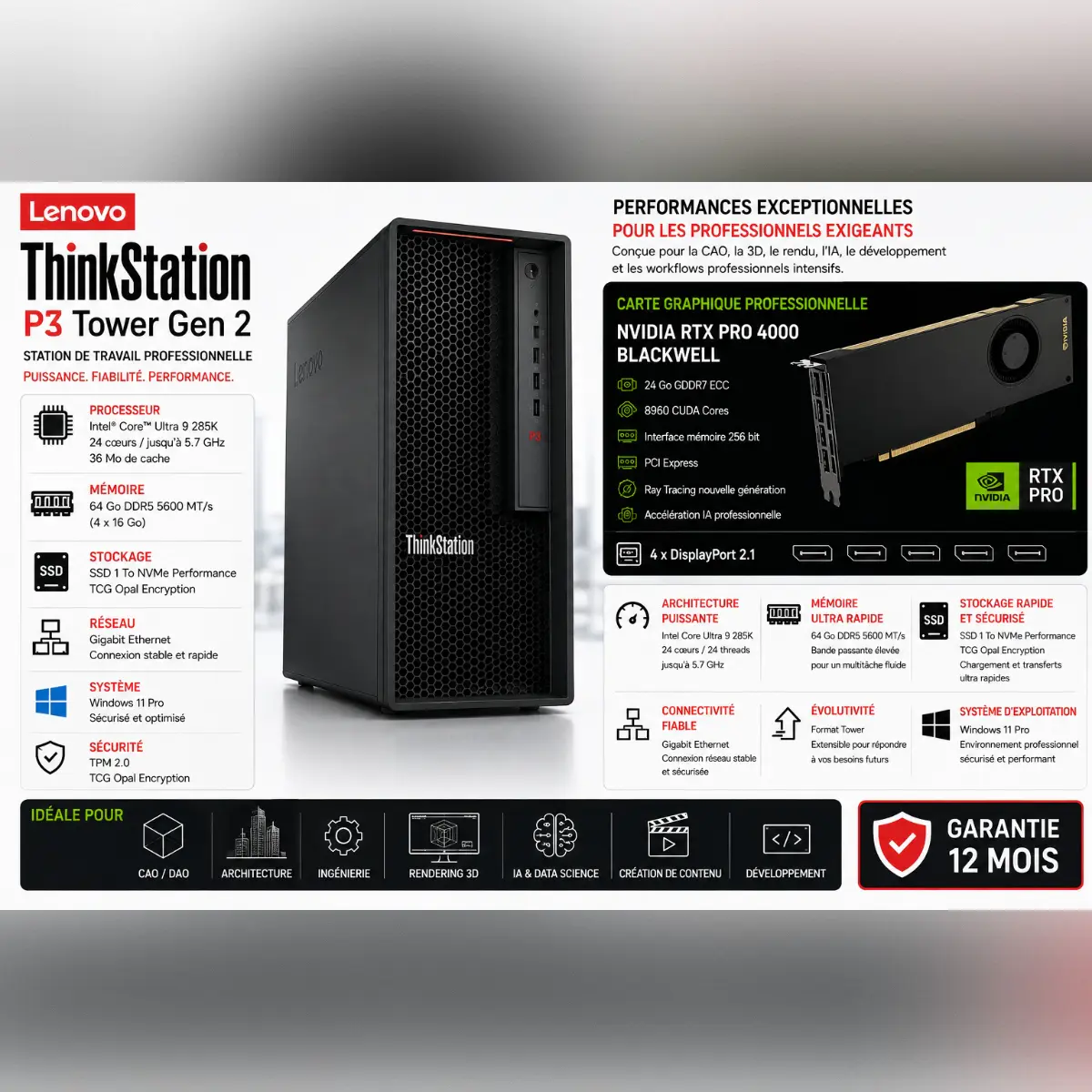 LENOVO THINKSTATION P3 TOWER GEN 2 – INTEL CORE ULTRA 7 265 – 16GO DDR5 – 512GB SSD NVMe – NVIDIA RTX 2000 16GO BLACKWELL – WIN 11 PRO