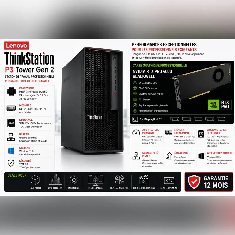LENOVO THINKSTATION P3 TOUR GEN 2 – INTEL CORE ULTRA 9 285K – 64GO DDR5 – 1TO NVMe SSD – NVIDIA RTX PRO 4000 BLACKWELL 24GO – WINDOWS 11 PRO