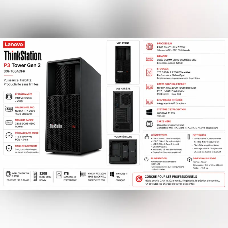 LENOVO THINKSTATION P3 TOWER GEN 2 – INTEL CORE ULTRA 7 265K – 32GO DDR5 – SSD 1TO NVMe – NVIDIA RTX 2000 16GO BLACKWELL – WIN 11 PRO