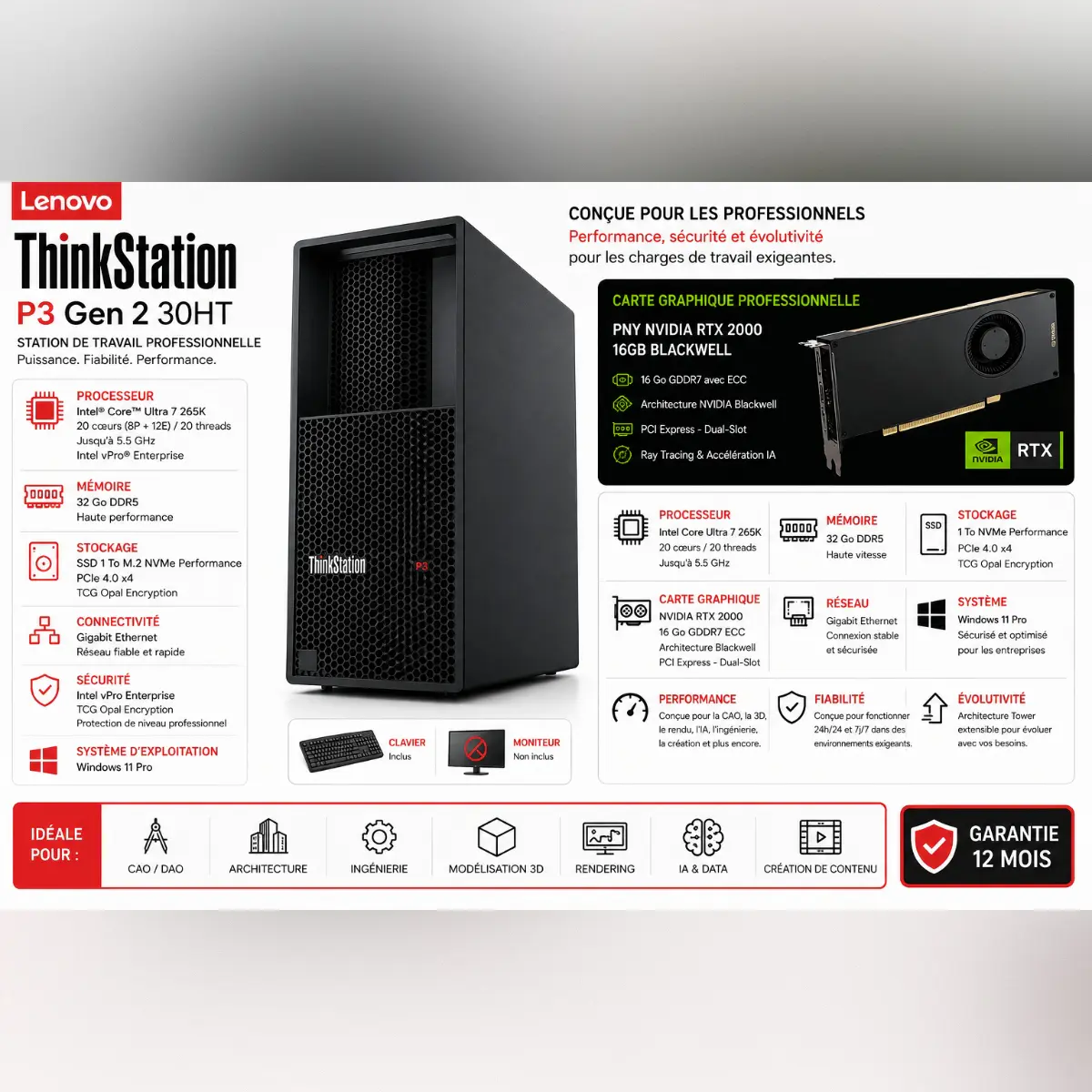 LENOVO THINKSTATION P3 TOWER GEN 2 30HT – INTEL CORE ULTRA 7 265K – 32GO DDR5 – SSD 1TO NVMe – NVIDIA RTX 2000 16GO BLACKWELL – WIN 11 PRO