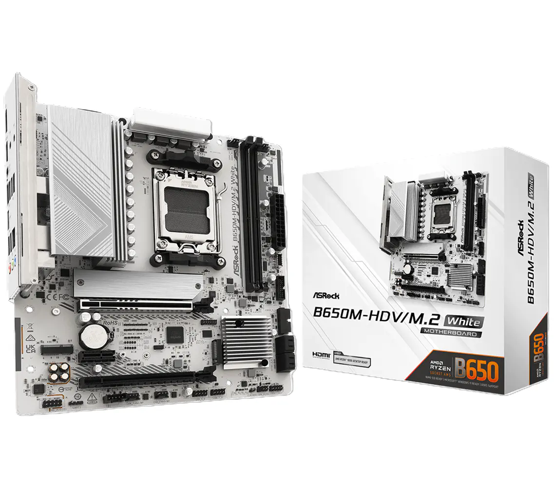ASROCK B650M-HDV/M.2 WHITE – CARTE MÈRE MICRO-ATX – AMD B650 – SOCKET AM5 – DDR5 – PCIe 5.0 – M.2 – LAN 2.5 GbE – BLANC