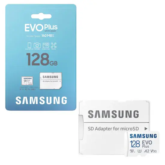 AMSUNG EVO PLUS MICROSD 128GO + ADAPTATEUR SD – CARTE MÉMOIRE MICRO SD – VITESSE 160 MBS – V30