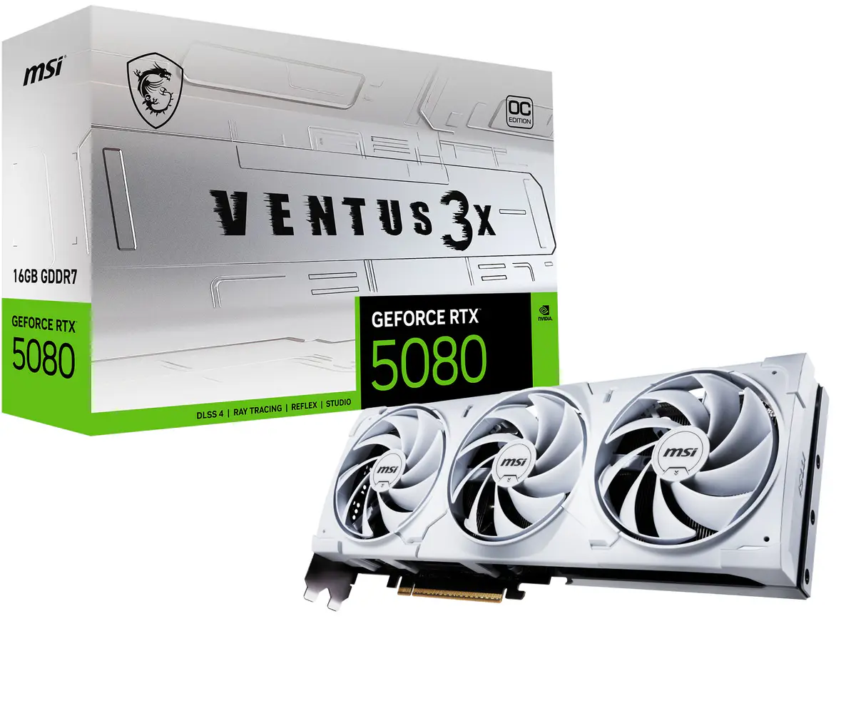 MSI GEFORCE RTX 5080 VENTUS 3X OC – 16GB GDDR7 8K – DLSS 4 AI – REFLEX 2 – G-SYNC – HDMI/DP – WHITE