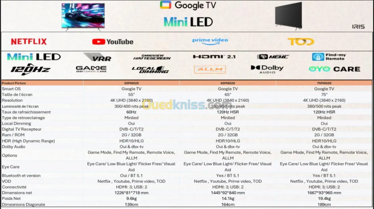 TV IRIS M8020 55″- GOOGLE TV – 4K UHD – MINI LED – ANDROID – BLUETOOTH – DOLBY AUDIO – EYE CARE – 120Hz HSR – HDMI 2.1 – BLACK